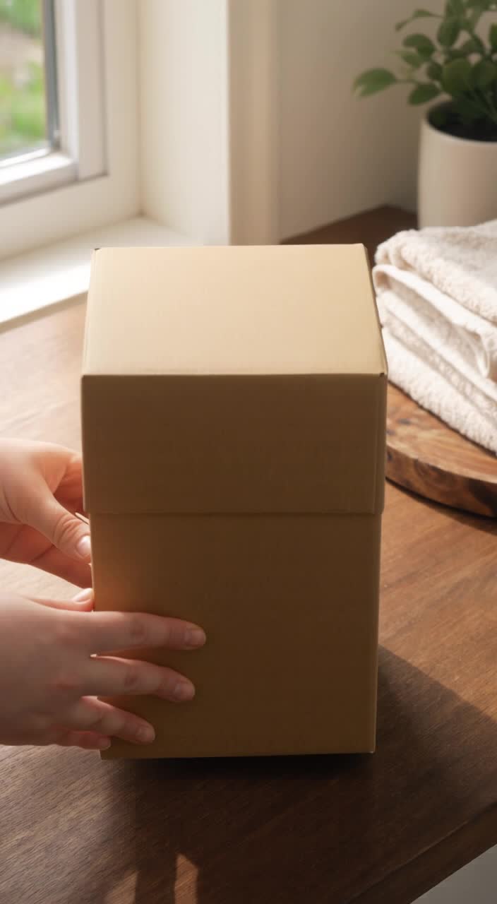 An 8-second video clip shows an unboxing on a warm walnut wood…